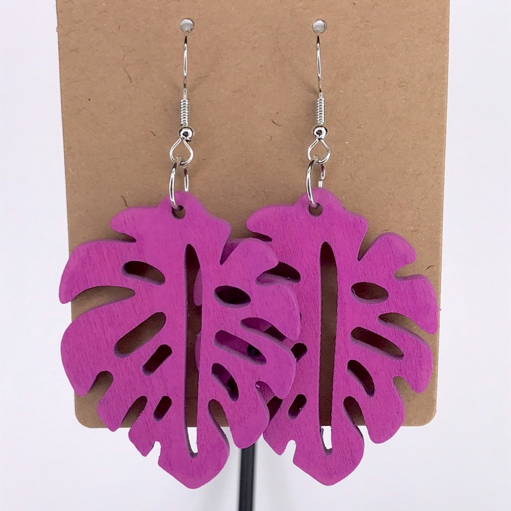 Purple Monstera Leaf Wood Drop Earrings - Women Fashion Jewelry